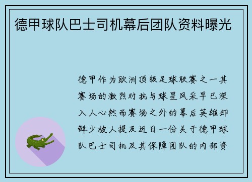 德甲球队巴士司机幕后团队资料曝光